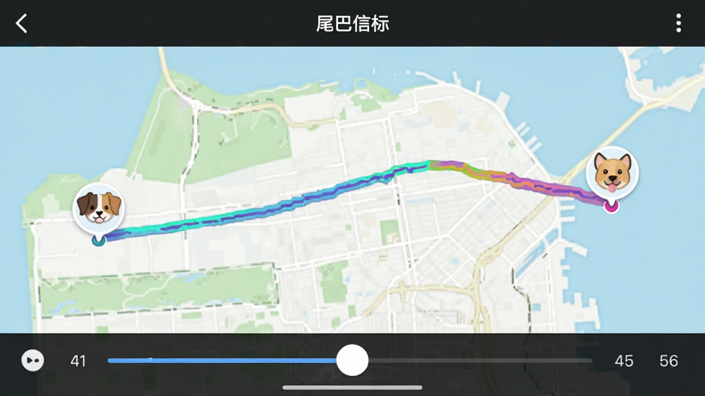 一张手机截图,展示“尾巴信标”APP的历史轨迹回放功能,地图上有一条彩色的轨迹线,起点和终点有宠物头像图标,界面底部有时间轴,可以拖动选择时间,整体风格简洁,画质干净无多余元素。