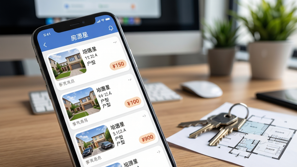 ��������Ϊһ���������С���Դ�ǡ�App�������ֻ�����Ļ����ʾ����ķ�Դ�б���ÿ����Դ��������ͼ��С���������ͺͼ۸��ǩ���ֻ�б����ľ�����Ͻǣ��Ҳ�ɢ���ż���Կ�׺�һ�Ż���ͼ��������ģ���İ칫�һ������е�����Ļ����ֲ�����ֲ����ֻ�����ƫ�󡢵��ߵ�׺�Ҳ�����ǹ�ͼ�����Ϊдʵ��Ӱ��ϸ�ڰ�����Ļ�ϵķ�Դ��ƬԲ����ơ����������ɶ������ʸ���ɾ����޶���Ԫ�ء�
