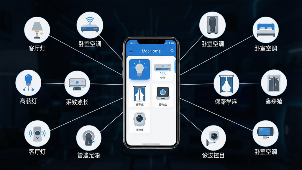 主体:一张展示MosHome多设备兼容性的概念图,画面中央是一部手机,手机屏幕显示“MosHome”设备列表,包含灯、空调、窗帘、摄像头等不同图标。布局:手机位于画面中心,周围用细线连接着各种智能设备图标,形成星型网络。排版:图标布局均匀,连线清晰,突出“一个App控制所有”的概念。风格:现代科技风,蓝色和白色为主,扁平化设计。细节:设备图标下方有简短中文标签,如“客厅灯”、“卧室空调”。画质:高清渲染,干净无多余元素。