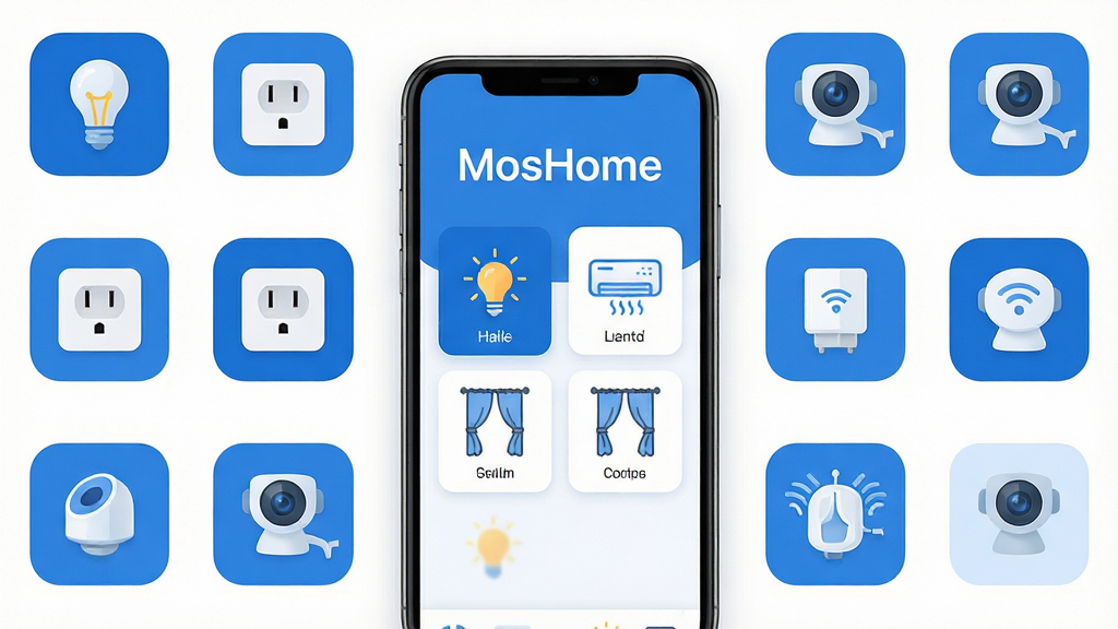 主体:MosHome软件的主界面展示,居中显示一个智能手机,屏幕上清晰展示“MosHome”字样及智能家居控制面板,包含灯光、空调、窗帘等图标。布局:手机位于画面中央,周围环绕着简约的智能家居设备图标,如灯泡、插座、摄像头。排版:画面干净,设备图标有序排列,突出软件名称。风格:现代扁平化设计,色调以蓝白为主,UI细节圆润,整体感觉科技感十足。细节:屏幕内容可辨识,图标清晰,无多余文字。画质:高清渲染,干净无多余元素。