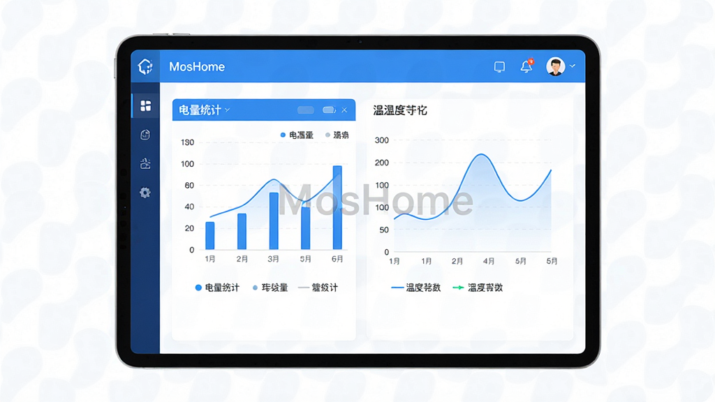 主体:展示MosHome数据看板功能的截图,画面中一个平板电脑展示“MosHome”的图表界面,包含电量统计和温湿度曲线。布局:平板电脑居中,屏幕内容清晰可读,图表线条流畅。排版:界面以蓝色和白色为主,图表下方有中文图例。风格:现代简约,数据可视化风格。细节:图表上有“MosHome”水印。画质:高清渲染,干净无多余元素。