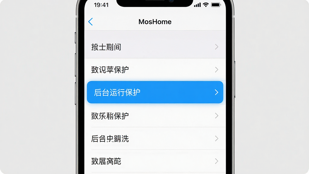 主体:一张手机截图,展示MosHome的“设置”页面,其中“后台运行保护”选项被高亮。布局:手机屏幕居中,背景为纯色。排版:设置列表清晰,高亮选项醒目。风格:简洁,UI扁平化。细节:屏幕顶部有“MosHome”字样。画质:高清,干净无多余元素。