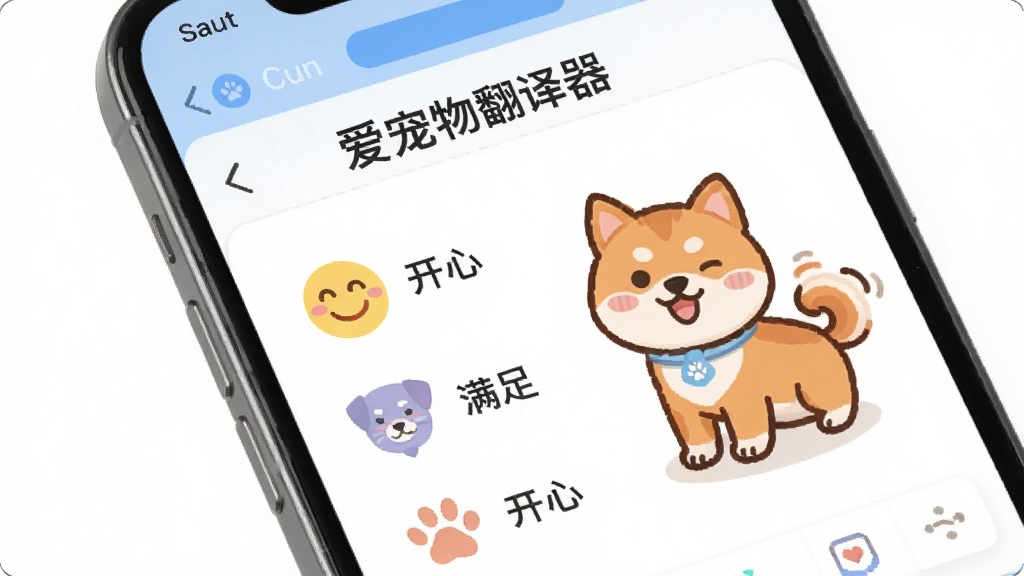 手机屏幕展示“爱宠物翻译器”的情绪分析结果页面,上面用可爱的图标和文字显示“开心”、“满足”等情绪状态,旁边配有一只正在摇尾巴的卡通柴犬插图,界面色彩柔和,布局清晰,背景为纯白色,画质干净无多余元素。