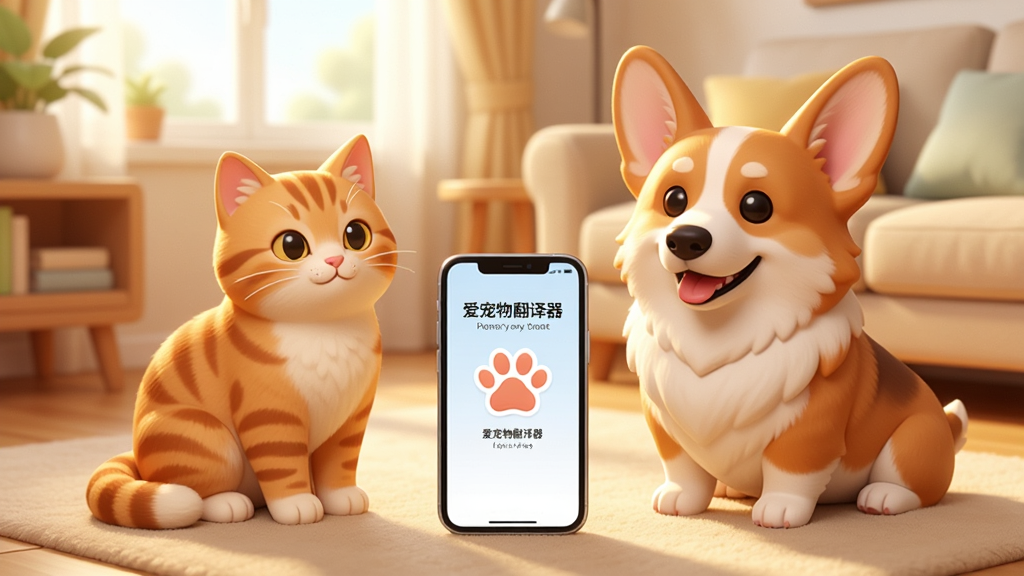 一张温暖明亮的室内场景,一只橘猫和一只柯基犬并排坐在地毯上,中间放着一部手机,手机屏幕上显示“爱宠物翻译器”的界面,界面简洁清晰,带有可爱的宠物爪印图标,背景是温馨的客厅,柔和的自然光透过窗户洒进来,整体风格卡通治愈,画质干净细腻,无多余元素。