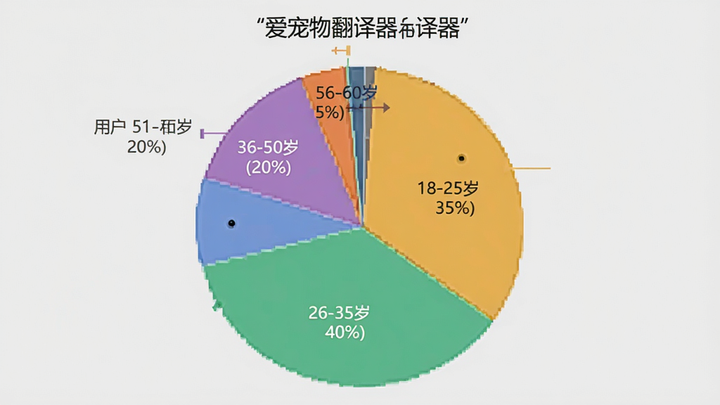 一张饼状图,展示“爱宠物翻译器”用户年龄段分布,分为18-25岁(35%)、26-35岁(40%)、36-50岁(20%)、51-60岁(5%)四个扇区,每个扇区用不同颜色区分,并配有清晰的文字标签,背景为浅灰色,图表风格简洁现代,画质干净无多余元素。