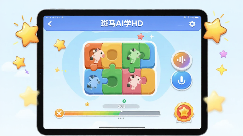һ��չʾ������AIѧHD��App��AI�����γ̵Ľ�ͼ���ͼƬ��������ƽ����Խ��棬������ɫ�����޵�ƴͼ��Ϸ������ʶ��ť����Χ�����Ǻ͹����Ķ���Ч���������Խ���Ϊ���ģ��Ű�����������ִ���ͨ��ϸ�ڰ����������ͽ������£����ʸɾ��������޶���Ԫ�ء�