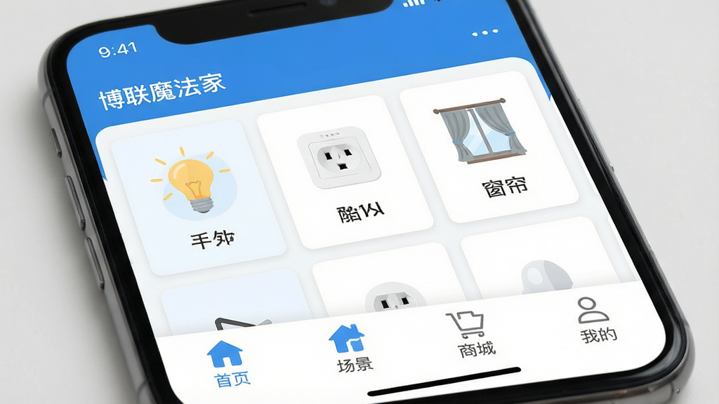 һ��չʾ����ħ����APP������ĸ����ͼ���ͼƬ������Ϊ�ֻ���Ļ������д����Ļ����ʾ������ħ���ҡ�Ӧ�ý��棬����Ϊ�����豸״̬�����м������豸��Ƭ�б�������ݡ����������������ײ��ĸ�����ѡ�����ҳ���������̳ǡ��ҵģ�������������ɫ����ƽ����Ʒ�񣬽���ɾ��޶���Ԫ�أ�����������������ͣ�ͻ�����ܼҾӹ����ı�ݸС�
