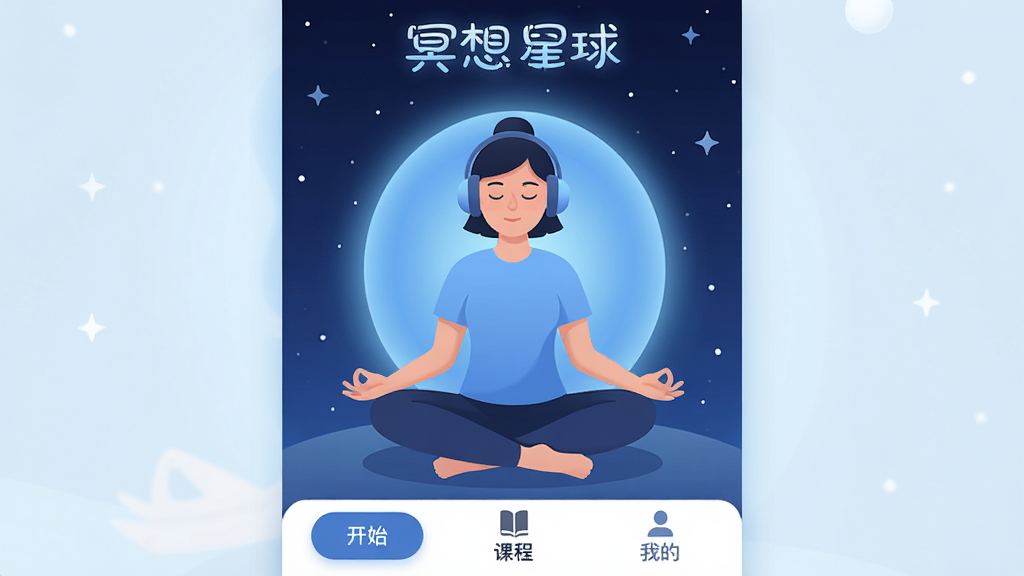 一幅展示冥想星球应用主界面的高清数字插画,主体是一个戴耳机的人闭眼盘腿坐在星空下,四周环绕着柔和的蓝色光晕,界面简洁,中央有“冥想星球”字样,底部是“开始”“课程”“我的”三个标签,布局清晰,风格现代扁平,细节圆润,画质干净无多余元素
