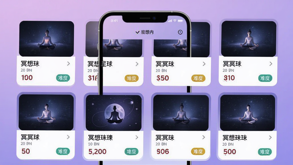 冥想星球应用内课程列表页的界面设计图,主体是手机屏幕,显示多个冥想课程卡片,每个卡片有名称、时长和难度标签,背景是柔和的渐变紫色,布局整齐,排版舒适,风格清爽,细节精致,画质干净无多余元素