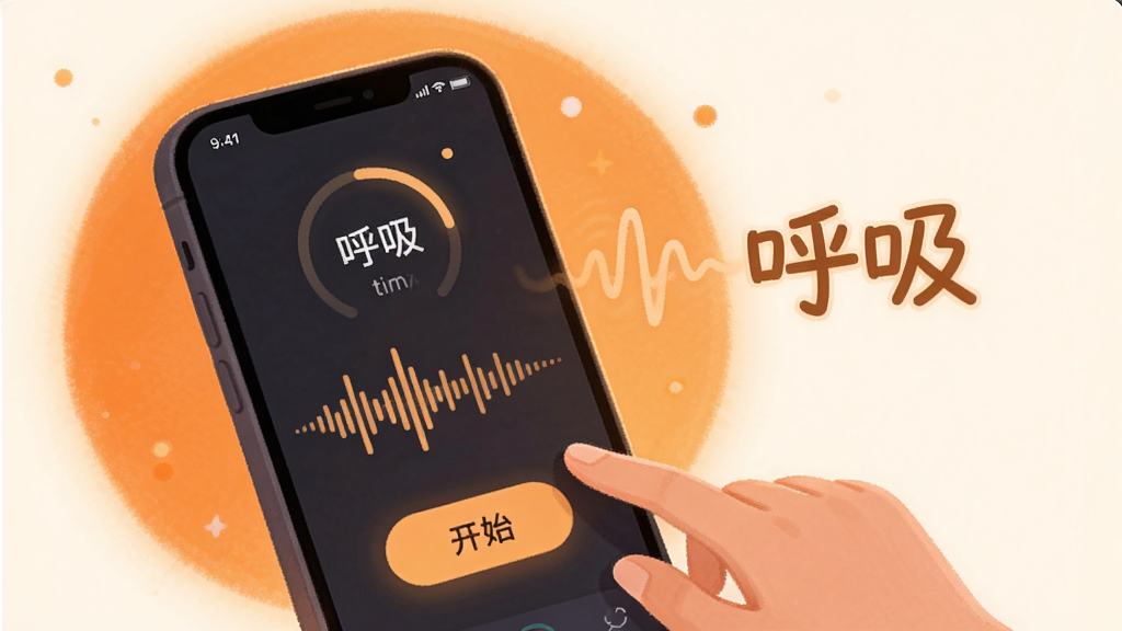 冥想星球引导练习界面的插画,主体是一个手机屏幕,显示冥想计时器和音频波形,旁边有一只手轻轻点击“开始”按钮,背景是温暖的橙色光晕,有“呼吸”字样,布局简洁,风格柔和,细节温馨,画质干净无多余元素