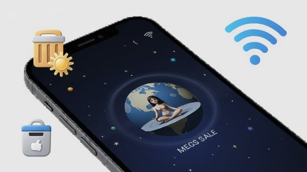 一张展示冥想星球在手机后台运行的示意图,主体是手机屏幕,显示冥想星球正在运行,周围有清理缓存的图标和Wi-Fi信号图标,背景是浅灰色,布局简洁,风格写实,细节清晰,画质干净无多余元素