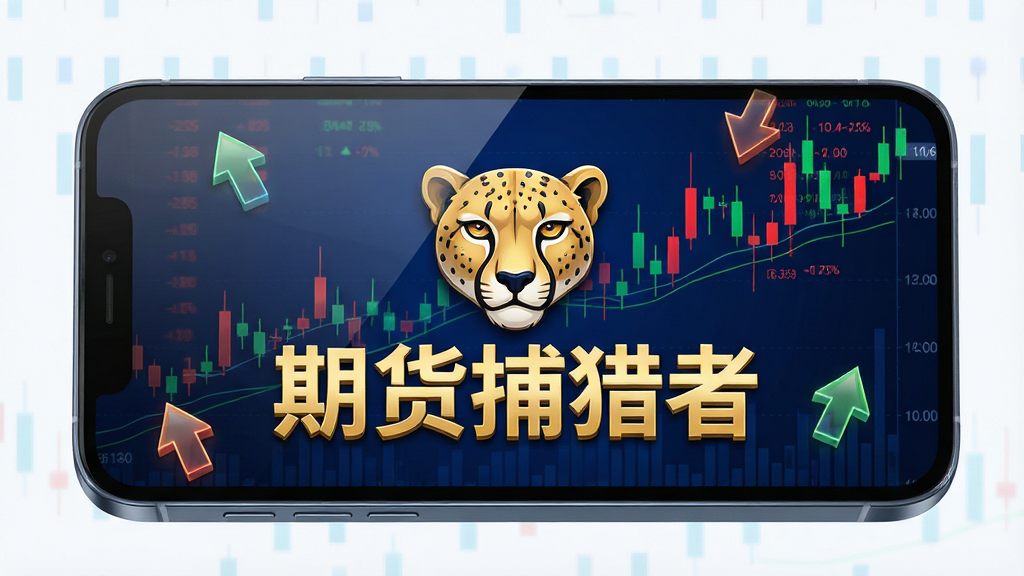 一幅高清3D渲染风格的手机应用展示图,主体是“期货捕猎者”App的启动界面,屏幕中央有猎豹头像和“期货捕猎者”金色大字,背景是深蓝色K线图与红色绿色数据流,布局居中,排版大气,风格科技感与金融感结合,细节包括屏幕反光和悬浮的涨跌箭头图标,画质干净无多余元素