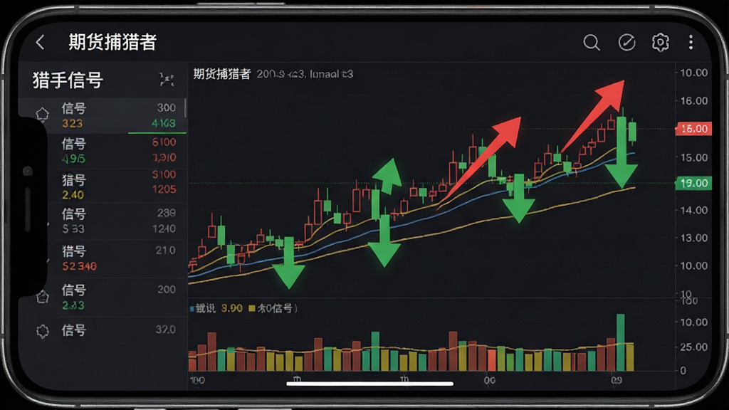 一张手机横屏截图,展示“期货捕猎者”的猎手信号界面,主图是分时K线,线上有红色向上箭头和绿色向下箭头标记,左侧有信号列表和“猎手信号”标题,布局清晰,排版专业,风格简洁现代,细节包括成交量柱状图和移动平均线,画质干净无多余元素
