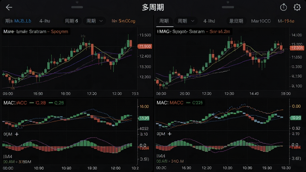 手机竖屏截图展示“期货捕猎者”多周期同屏功能,屏幕被均分为四个小窗,分别显示不同周期的K线图和MACD指标,顶部有“多周期”标题和周期选项,布局网格状,排版紧凑,风格简洁清晰,细节包括不同颜色K线和底部时间轴,画质干净无多余元素