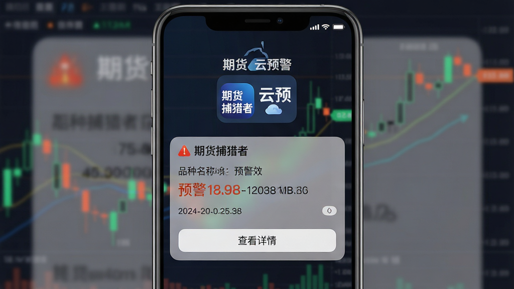 一张手机锁屏界面,显示“期货捕猎者”推送的预警通知,通知内容包含品种名称和预警价格,背景是模糊的K线图,顶部有“期货捕猎者”图标和“云预警”字样,布局简约,排版居中,风格现代,细节包括时间戳和“查看详情”按钮,画质干净无多余元素