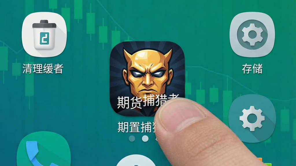 一张手机桌面截图,显示“期货捕猎者”App图标被手指点击,周围有清理缓存和设置图标,背景是简洁的安卓桌面,布局居中,排版直观,风格实操教学风,细节包括“设置”和“存储”字样,画质干净无多余元素