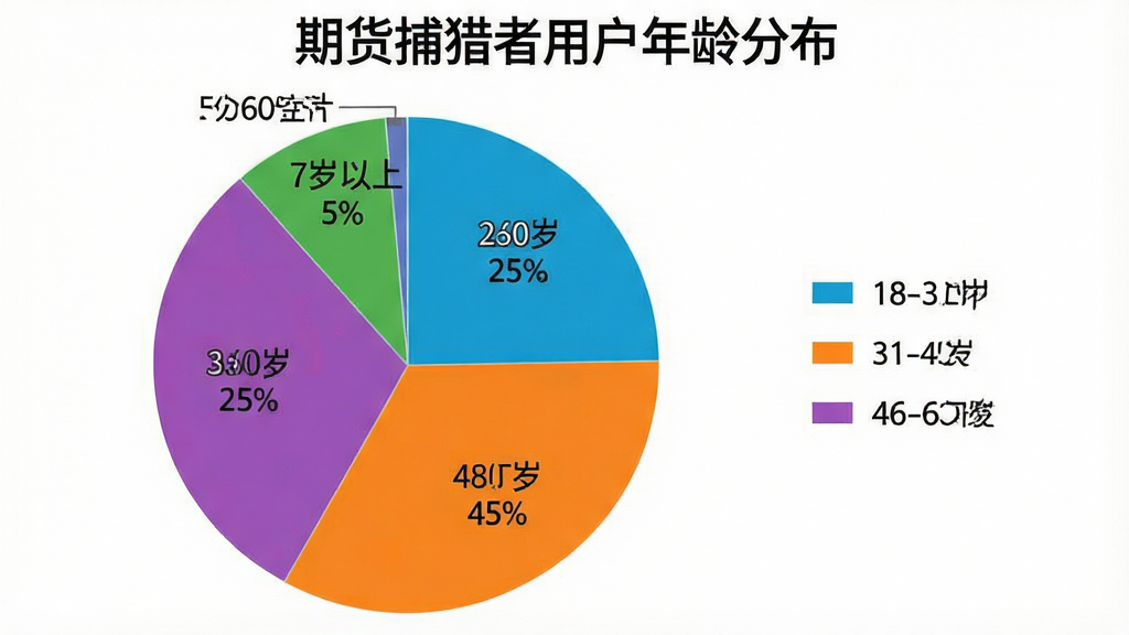 一张饼状图,标题是“期货捕猎者用户年龄分布”,分为四块:18-30岁占25%,31-45岁占45%,46-60岁占25%,60岁以上占5%,配色鲜艳,图例在右侧,布局清晰,排版简洁,风格数据可视化,细节包括百分比标签,画质干净无多余元素