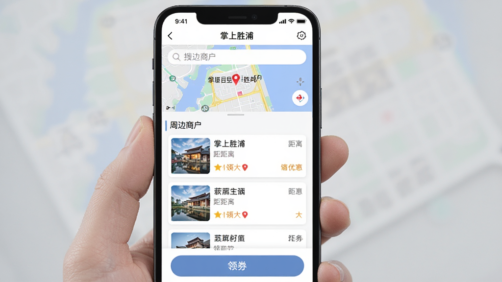 һ���ֻ������ͼ����ʾ������ʤ�֡�APP�ġ��ܱ��̻���ҳ�棬ҳ�涥���ǵ�ͼ���������м����̻��б���ÿ���̻������ơ����롢�Ż���Ϣ���·��ǡ���ȯ����ť������Ϊ��ɫ����Ƭʽ��ƣ�ͼƬ���������ʱ�У����ʸɾ����޶���Ԫ�ء�