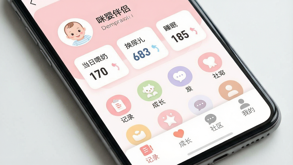 һ���ֻ���Ļ��д����Ļ����ʾ����Ӥ���¡�App�������棬�����Ե���ɫ�Ͱ�ɫΪ��ɫ���������б���ͷ��͵���ι�̡����򲼡�˯�ߵļ�����ݿ�Ƭ���м���Բ��Ĺ���ͼ�����У��ײ�������������ע����¼�����ɳ��������������ҵġ�����������ܰ�ɰ������ʸɾ��������޶���Ԫ��