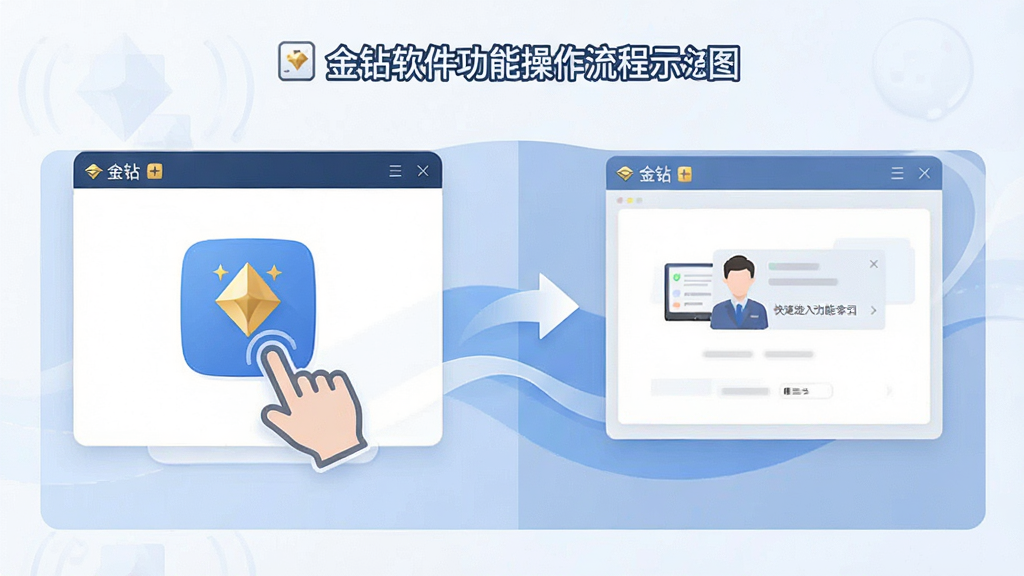 一张“金钻”软件功能操作流程示意图,展示用户点击主界面图标后快速进入功能页面的过程,界面切换流畅,步骤简洁,整体风格简洁明了,画质干净。