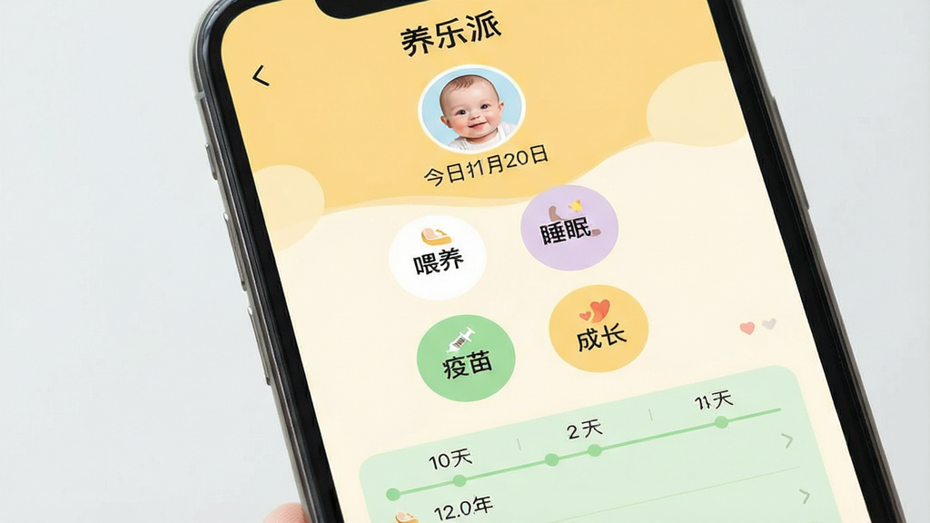 һ��չʾ�����ֻ���Ļ����д����Ļ��������ʾ�������ɡ�App�������棬��������ů�ĵ���ɫΪ��ɫ�����Ϸ���ʾ�����ɰ�ͷ��ͽ������ڣ��м����ĸ�Բ�ι��ܰ�ť�ֱ�д�š�ι��������˯�ߡ��������硱�����ɳ������ײ���ǳ��ɫ��ʱ�����¼�б������岼�ּ�����죬��ƽ����Ʒ�񣬻��ʸɾ��޶���Ԫ�ء�