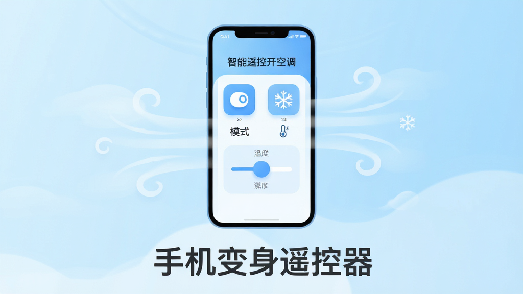 ���Ӿ�ͼ������������һ�������ֻ�����Ļ��ʾ������ң�ؿ��յ���APP���棬�������пյ����ء�ģʽ���¶ȵ��ڵ�ͼ�꣬��������ˬ�ĵ���ɫ���䣬��Χ������Ʈ��Ч�����ֻ��·�д�š��ֻ�����ң�����������岼�ּ�࣬����ִ���ƽ��ϸ��Բ�󣬻��ʸɾ��޶���Ԫ��