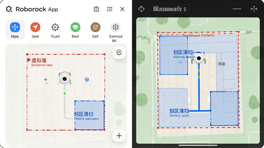 ���壺Roborock App������ǽ�����򻮷ֹ��ܽ��档���֣����Ϊ��ͼ�༭��壬�Ҳ�Ϊʵʱ��ɨ·��Ԥ�����Ű棺����ͼ���������룬ɫ���������ԡ���񣺼�Լ���ܣ�����������ϸ�ڣ���ͼ���к�ɫ���߿�ѡ�ġ�����ǽ�������Լ���ɫ�ġ�������ɨ���򡣻��ʣ����壬���洿�����޶���Ԫ�ء�