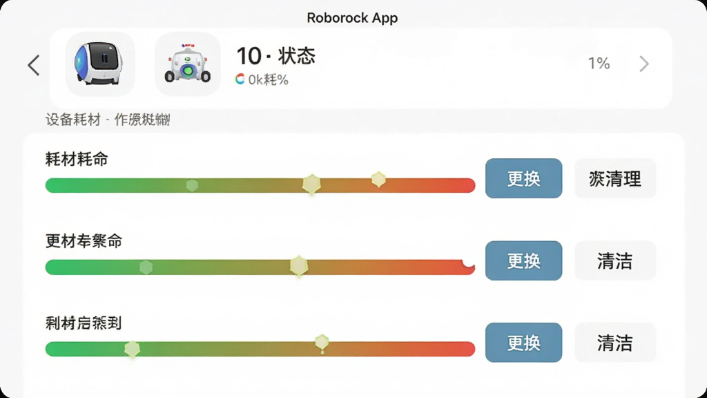 ���壺Roborock App�ġ��豸�Ĳġ�����ҳ�档���֣����涥��Ϊ�豸״̬ͼ���·�Ϊ���ֺĲĵ��������������Ű棺�������������У���ɫ���̱�졣�����ˬ��࣬���ݿ��ӻ���ϸ�ڣ�ÿ�����������С�����������ࡱ��ť������עʣ��ٷֱȡ����ʣ�ϸ�壬UI�������޶���Ԫ�ء�
