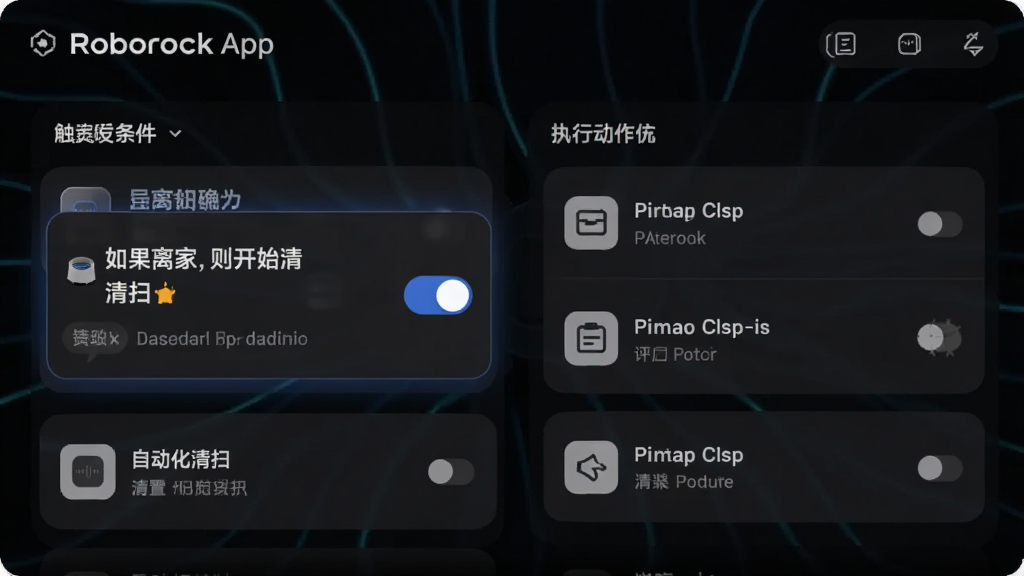 ���壺Roborock App�����ܳ������ý��档���֣�����Ǵ��������б����Ҳ���ִ�ж����б����Ű棺��Ƭʽ���֣��߼���������񣺿Ƽ���ǿ����ɫ������ϸ�ڣ���ʾ�������ң���ʼ��ɨ�����Զ�������Ƭ���Ա��п��ذ�ť�����ʣ��߶Աȶȣ�Ԫ�ظɾ����޶���Ԫ�ء�