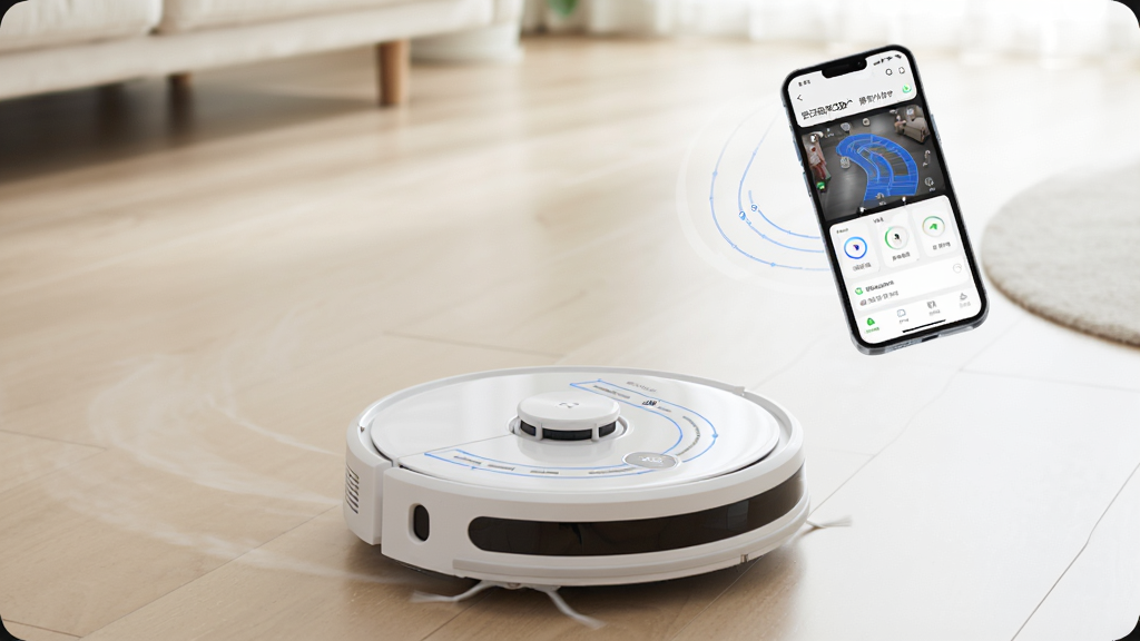 ���壺һ̨��ɫɨ�ػ��������ڿ����ذ幤�����Ա��ֻ���ʾRoborock App��ʵʱ��ɨ�켣�����֣�������λ�ڻ����·�����֮һ�����ֻ���Ļ���������Ͻǡ��Ű棺�켣��Ϊ��ɫϸ�ߣ������ɼ�����������дʵ��ϸ�ڣ��ֻ���Ļ��ʾ����ɨ���50����ʱ45���ӡ������ʣ�����ͨ͸���ɾ��޶���Ԫ�ء�