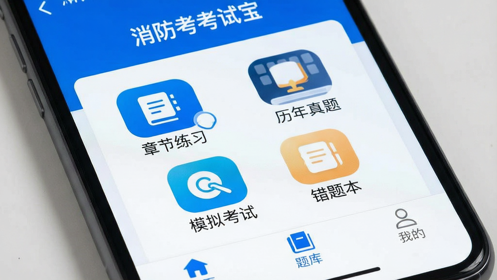 一张智能手机屏幕特写,屏幕中显示“消防考试宝”APP主界面,界面风格简洁现代,以蓝色和白色为主色调,顶部显示“消防考试宝”字样,下方分类展示“章节练习”、“历年真题”、“模拟考试”、“错题本”四个圆角图标,底部有“首页”、“题库”、“我的”三个选项卡,整体布局清晰,画质干净无多余元素。
