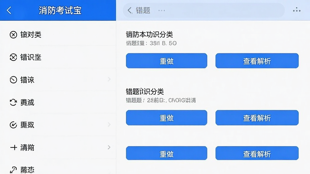 手机屏幕截图展示“消防考试宝”的错题本功能,界面左侧列出错题知识点分类,右侧显示具体错题内容,每道题下方有“重做”、“查看解析”按钮,整体设计简洁,蓝色高亮按钮突出,背景干净无多余元素。