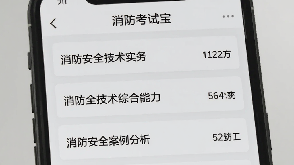 展示“消防考试宝”APP的题库列表页面,手机屏幕上显示多个练习分类如“消防安全技术实务”、“消防安全技术综合能力”、“消防安全案例分析”,每个分类右侧显示题目数量,背景为浅灰色,界面简洁清晰,文字排列整齐,画质干净。