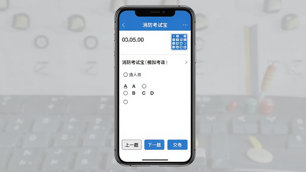 展示“消防考试宝”模拟考试界面,手机屏幕上显示一套试卷的答题页面,顶部有计时器和答题卡,中间为单选题,选项用A、B、C、D标识,底部有“上一题”、“下一题”、“交卷”按钮,风格简洁,蓝白配色,画质干净。