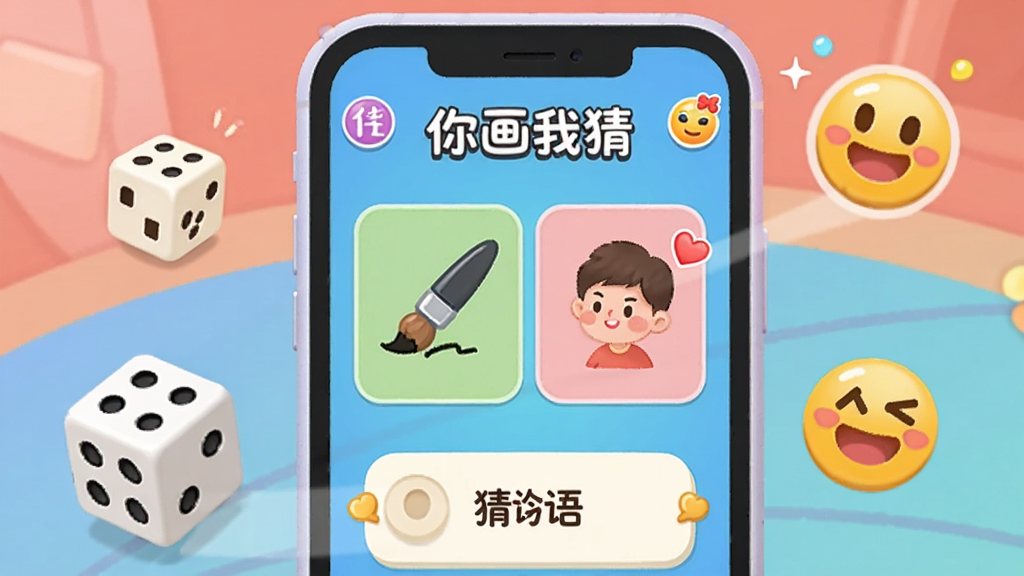 一张展示“佳爱”内置互动小游戏的插图,画面主体为一个手机屏幕,屏幕内显示“你画我猜”的游戏界面,有画笔工具和猜词提示,旁边有虚拟骰子和表情符号。整体色彩活泼明亮,布局卡通化,风格可爱,画质清晰无多余元素。