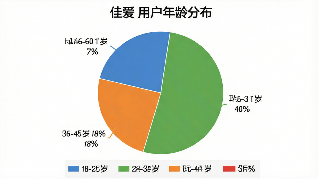 一张展示“佳爱”用户年龄分布的饼状图,饼状图分为四段,分别标注“18-25岁 35%”、“26-35岁 40%”、“36-45岁 18%”、“46-60岁 7%”,配色为蓝绿橙红,下方有图例,背景为白色,整体风格简洁清晰,画质干净无多余元素。