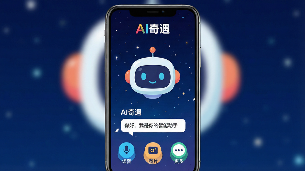 ���壺�ֻ���ĻչʾAI����APP���棬���������ʾһ���ɰ��Ļ�����ͷ�񣬱���������ɫ�ǿա����֣��ֻ����У���Ļ���������ɼ����Ϸ��ǡ�AI������logo���·��ǶԻ���͹��ܰ�ť���Ű棺ͼ�Ľ�ϣ��Ӿ��������ֻ���Ļ�ϡ�����ִ��Ƽ��У���ƽ����ƣ�ɫ��������ϸ�ڣ���Ļ���С�AI�������������Ի������С���ã���������������֡����ײ��С���������ͼƬ�������ࡱ��ͼ�ꡣ���ʣ����壬�ɾ����޶���Ԫ�ء�