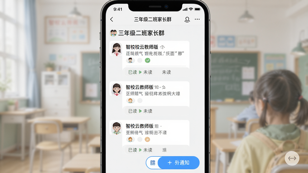 �ֻ�����չʾ����У�ƽ�ʦ�桱�İ༶Ⱥ�ĺ�֪ͨҳ�棬������ʾ�����꼶����ҳ�Ⱥ����һ����֪ͨ��Ϣ�Կ�Ƭ��ʽ���У���Ϣ�·��С��Ѷ����͡�δ�����ĳ�Ա�б�������������������ť��ȷ������࣬�߻��ʣ��޶���Ԫ�ء�