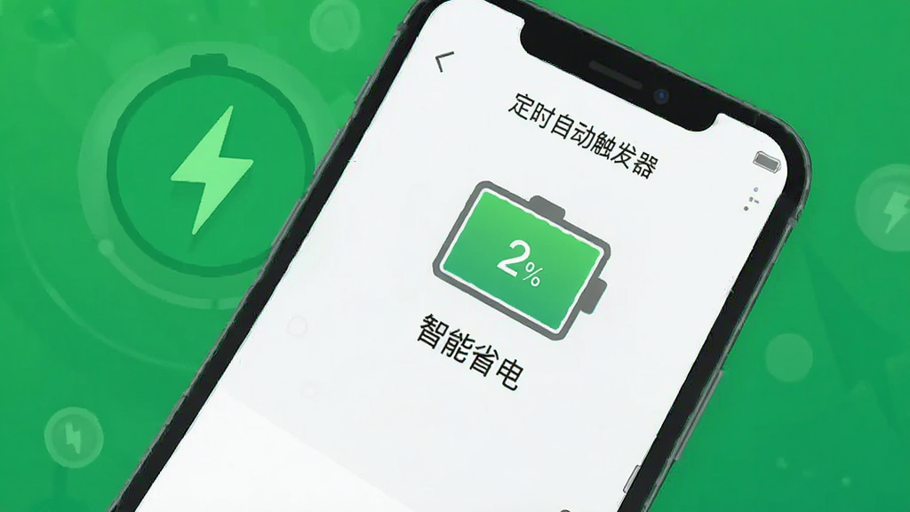 展示“定时自动触发器”省电优化界面,手机电池图标显示耗电仅2%,背景为绿色能量图标,界面简洁,文字标注“智能省电”,扁平化风格,画质干净