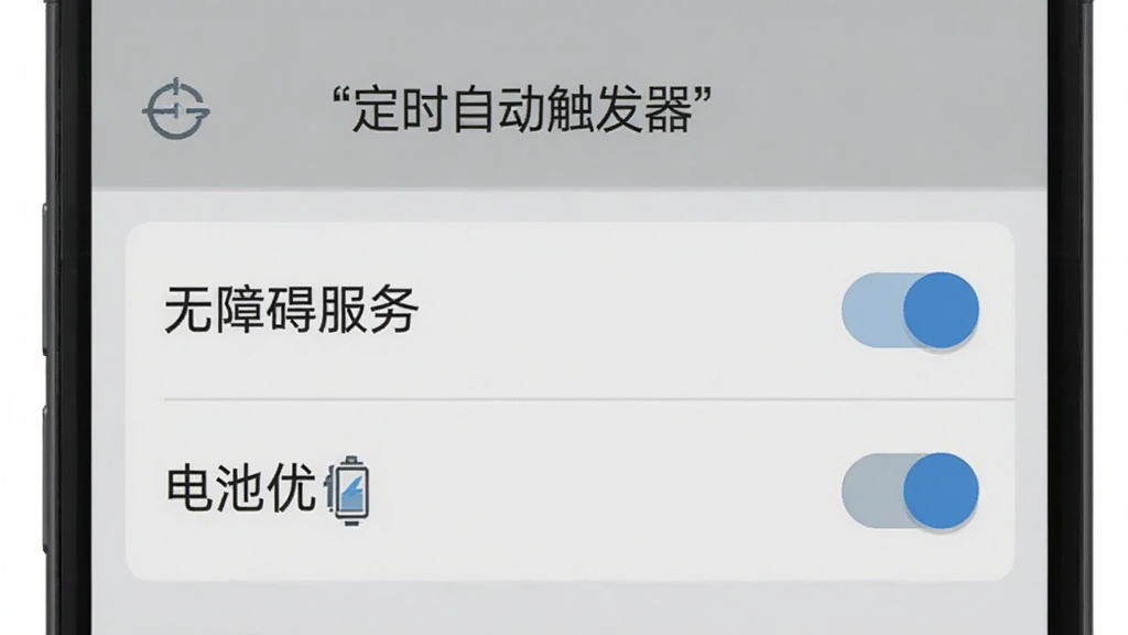 展示“定时自动触发器”权限设置界面,手机屏幕显示“无障碍服务”和“电池优化”选项,旁边有开关按钮,背景为浅灰色,文字清晰,扁平化风格,画质干净