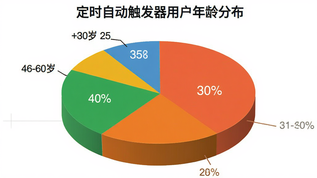 用户评价饼状图,展示18-30岁占40%,31-45岁占35%,46-60岁占25%,标题为“定时自动触发器用户年龄分布”,色彩鲜艳,扁平化图表,画质清晰