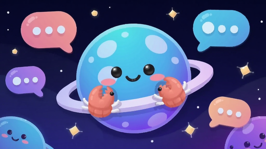 主视觉图片,画面中央是卡通风格的星球形象,星球表面有可爱的虾钳元素,背景是深邃的星空和多彩的气泡对话框,整体色调以蓝紫色渐变为主,风格清新活泼,扁平化设计,排版干净,细节圆润,画质高清,无多余元素。