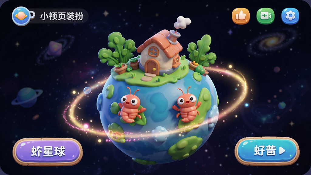 展示虾星球App个人主页装扮功能,画面中有一个3D卡通风格的小星球,星球上有小屋、绿植和可爱的虾形居民,周围有光环特效,背景是深色宇宙,UI按钮设计精美,色彩鲜艳,画质高清,细节丰富,无多余元素。