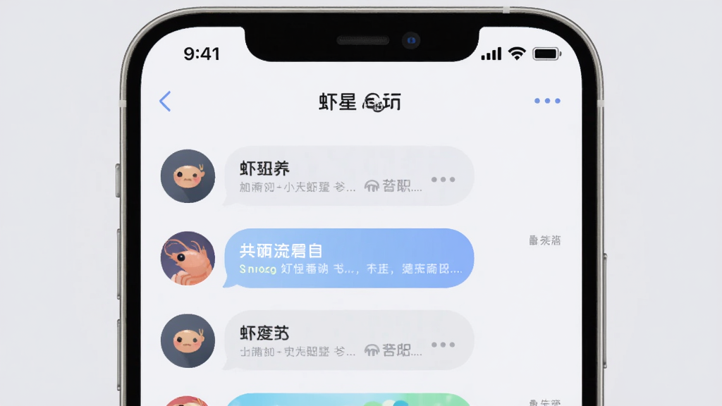 功能界面截图风格图片,展示虾星球App的聊天列表页,布局简洁清晰,每个会话气泡圆润,顶部状态栏干净,背景是柔和的浅灰色,整体风格现代扁平,细节精致,画质干净,无多余元素。