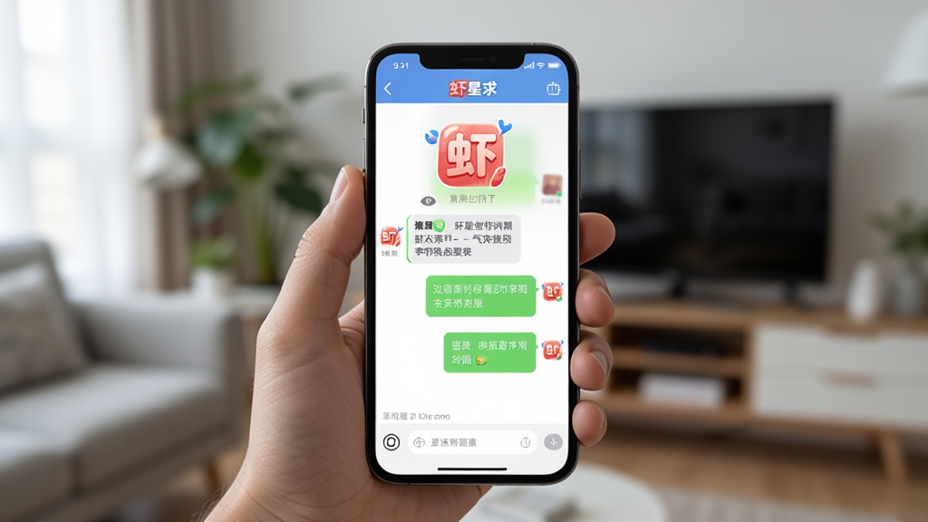 手机操作演示图片,画面中是一只手拿着手机,屏幕上显示虾星球App的聊天界面,背景是模糊的室内环境,主体清晰,突出应用界面,风格写实,画质干净,无多余元素。