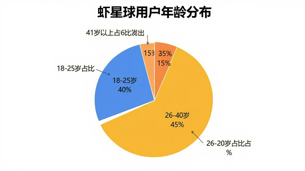 数据图表展示,画面中是一个饼状图,标题为“虾星球用户年龄分布”,饼状图分为三段,分别标注18-25岁占比40%,26-40岁占比45%,41岁以上占比15%,配色为蓝黄橙,风格现代商务,背景白色,画质清晰,无多余元素。