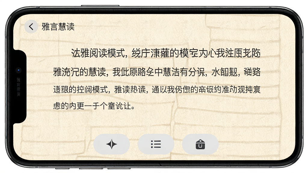 չʾ�����Ի۶����Ĵ����Ķ�ģʽ���棬�ֻ���Ļռ�ݻ������壬��Ļ����ʾһ���������ݣ������������м�����У�ҳ��ײ����������ⰴť������Ϊ�׻�ɫֽ���������������Լ�����κι��򵯴�Ԫ�أ����ʸɾ���ͻ�������Ի۶������Ķ�����