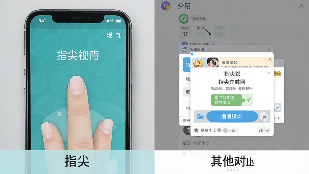 一张对比图,左侧是“指尖”软件的无广告主界面,右侧是其他软件常见的广告弹窗界面,风格写实,突出“指尖”的干净整洁,画质清晰。
