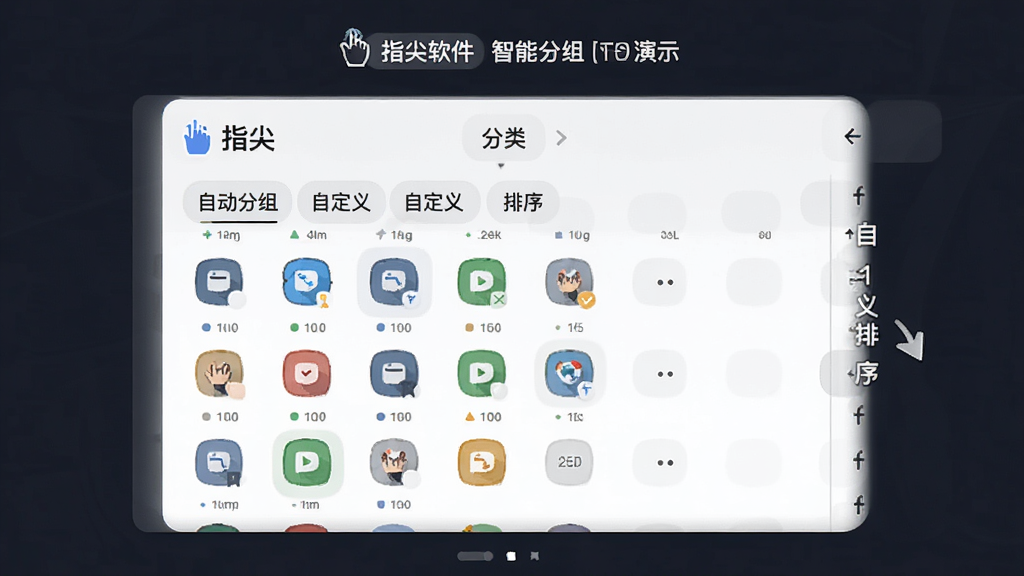 一张“指尖”软件智能分组功能的界面演示图,主体是分类标签页和可拖拽的图标列表,布局清晰,风格简洁,突出自动分组和自定义排序的便利性,画质干净。
