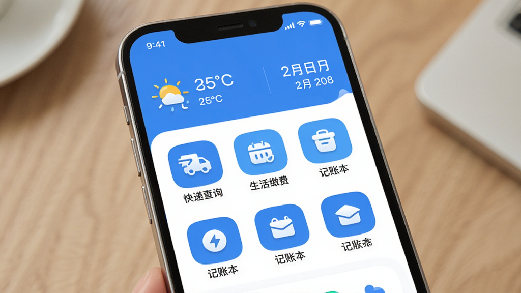 ͼƬ����ˡ��������App�����������棬�������ֻ���Ļչʾ�������������Ϸ���ʾ���������ڣ��м��ǿ�ݲ�ѯ������ɷѡ����˱��Ⱥ��Ĺ���ͼ�꣬�Ű���ü���������ʽ������ִ���ƽ����ϸ��Բ������ɫ��������Ϊ�������ʸɾ��޶���Ԫ�ء�